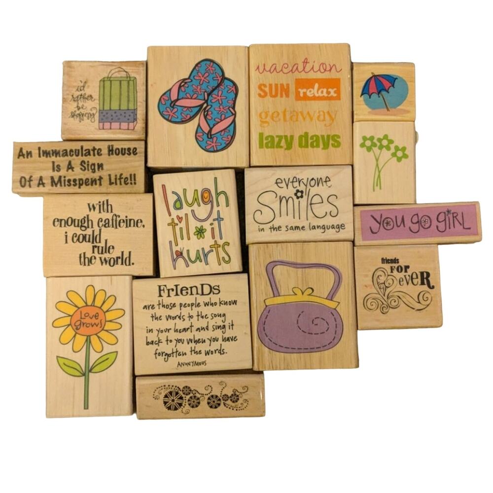 CRAFTY STAMP LOT Friendly Funny 15 Wood Stamps Bundle Flip Flop Sun Summer